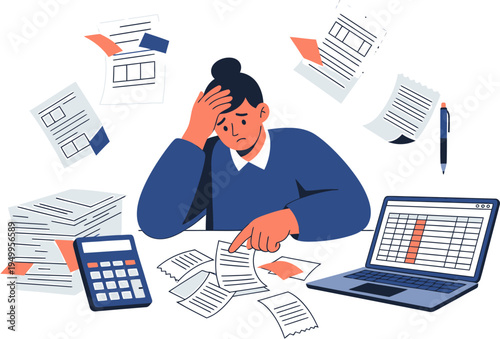 Overwhelmed person drowning in paperwork and financial documents, feeling stressed and exhausted