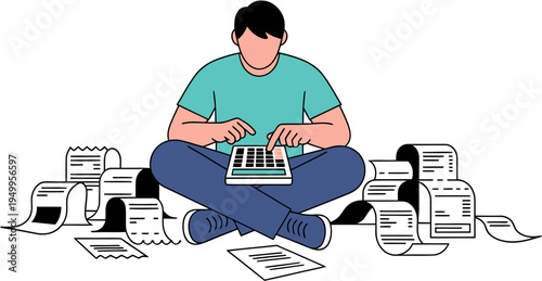 Person meticulously calculates personal finances amidst scattered receipts, bills, and documents, diligently budgeting expenses and preparing for tax season or financial planning