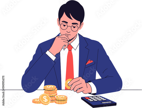 Businessman thoughtfully calculating finances with a calculator and stacks of money, representing strategic financial planning, investment analysis, and economic decision-making