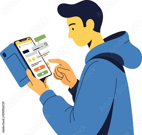 Young man using a mobile phone for online activities and digital interaction