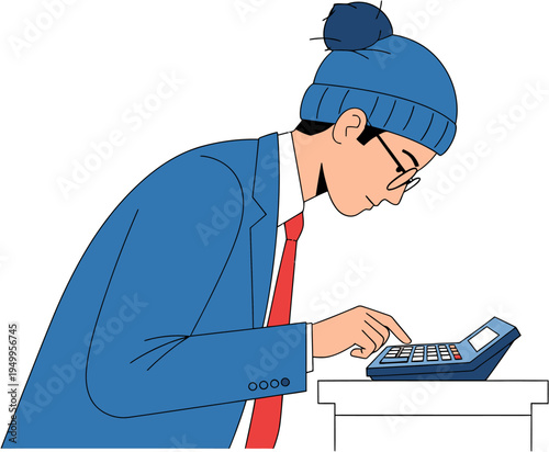 A businessman in a blue suit and beanie, wearing glasses, diligently uses a calculator on a desk, illustrating financial calculation and accounting tasks