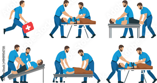 Illustration of emergency medical responders providing first aid and performing rescue scenarios representing healthcare, safety, and emergency services vector art