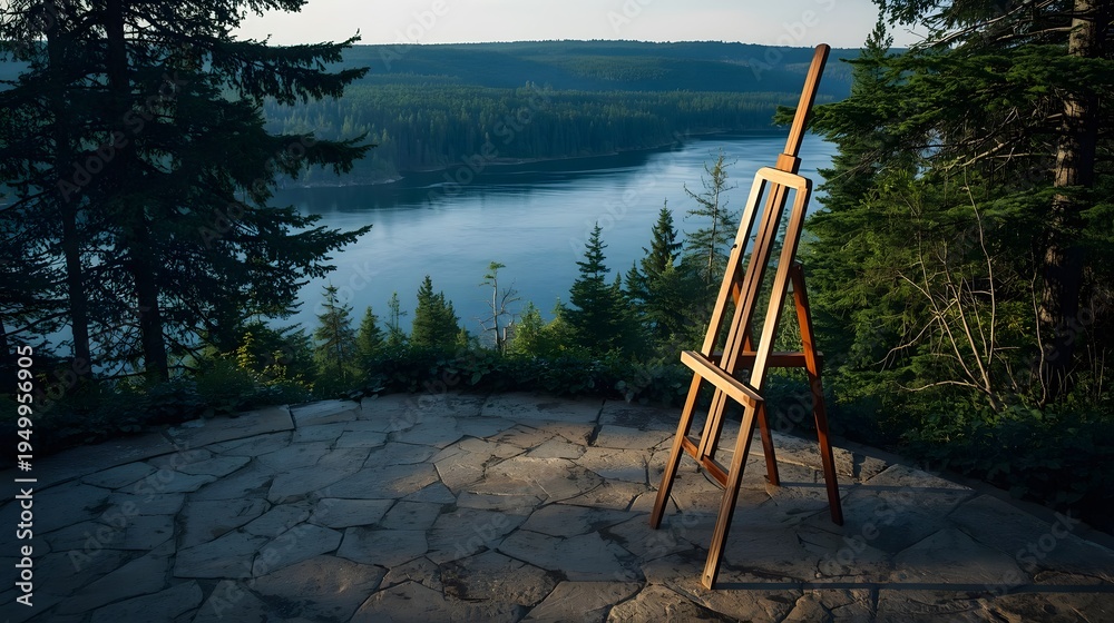 Fototapeta premium An Artist's Sanctuary: Where Stillness Meets the Deep Blue Horizon Creative Solitude Amidst the Echoes of the Tranquil Forest Waters