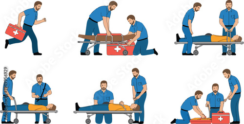 Illustration of emergency medical responders providing first aid and performing rescue scenarios representing healthcare, safety, and emergency services vector art