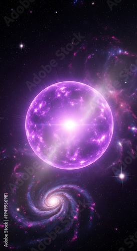Intense purple luminous celestial body glows brightly above a distant spiral galaxy