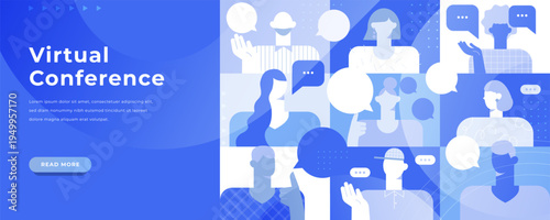 Abstract blue vector illustration of online webinar, video conference with human silhouettes on laptop screen. Remote work, team meeting, call center, customer support, digital communication projects