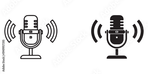 Vector illustrations of microphones with sound waves