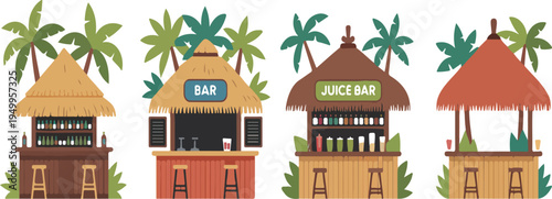 Colorful tropical style beach bars and juice stands illustration featuring playful summer vibes cocktails fruit drinks and seaside fun