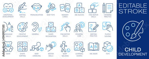 Child development line icons set, early learning concept. Education, motor skills, language training, toys, and pediatric care symbols. Editable stroke.