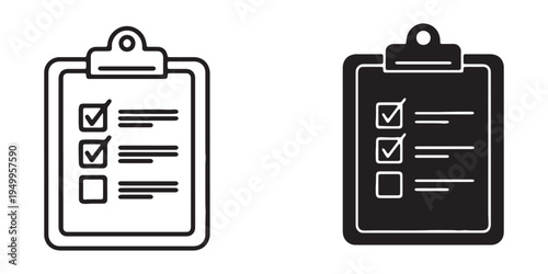 Black and white line icons of clipboard and checklist