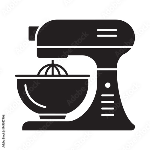 Simple black silhouette of a classic stand mixer with bowl and beater