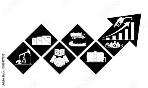 Business Oil industry arrow template, Bar chart Oil industry with an upward arrow, Oil industry structure, Positive performance trends. Flat vector illustration design