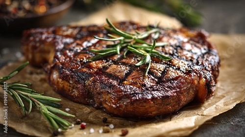 ribeye. Close-up of a grilled ribeye steak with rosemary sprigs, highlighted by directional lighting on a dark rustic background. menu design.