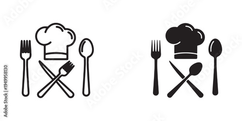Vector icons of chef hat and crossed kitchen utensils for cooking