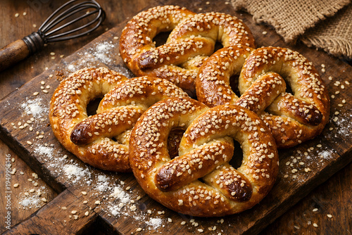 Homemade soft pretzels topped with sesame seeds photographed with rustic