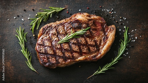 ribeye. Close-up of a grilled ribeye steak with rosemary sprigs, highlighted by directional lighting on a dark rustic background. menu design.