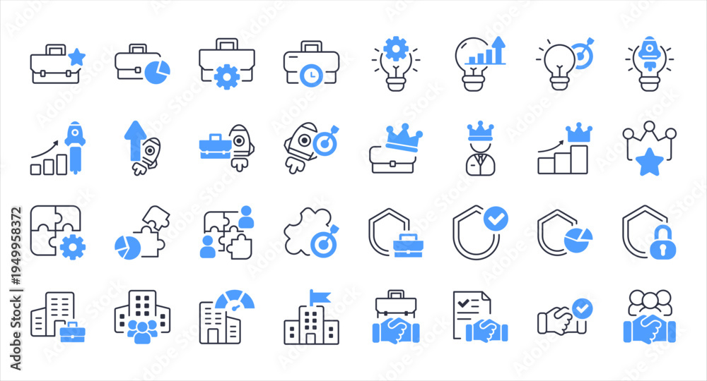 Obraz premium Business Innovation Leadership And Partnership Icons Pack. Corporate strategy startup growth teamwork and security vector icons