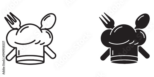 Black and white chef hat icons with utensils on plate