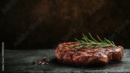 ribeye. Close-up of a grilled ribeye steak with rosemary sprigs, highlighted by directional lighting on a dark rustic background. menu design.