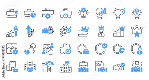 Business Innovation Leadership And Partnership Icons Pack. Corporate strategy startup growth teamwork and security vector icons