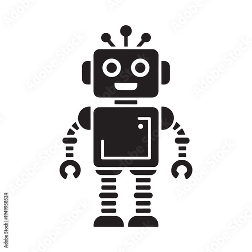 Simple black silhouette of a classic robot with antenna and spring legs