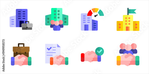 Corporate Company And Business Agreement Icons Collection. Partnership teamwork office management and deal success vector set