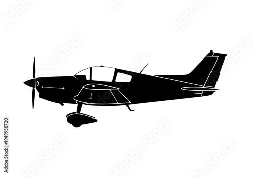 Minimalist vector illustration of a sleek black airplane silhouette with propeller facing left in profile view
