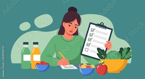 vector illustration of cartoon woman with checklist planning healthy meal prep at colorful table