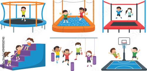 Colorful indoor trampoline park illustration with people enjoying various activities, jumping, playing, and having fun in vibrant recreational environment