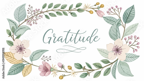 Delicate botanical leaves and blossoms forming a gratitude wreath with flowers and green foliage on white background