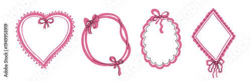 A collection of four delicate pink frames including heart and oval shapes decorated with cute bows and scalloped edges. Artistic hand-drawn borders for romantic invitations and scrapbook layouts