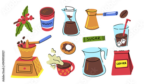 Colorful hand drawn coffee collection featuring beans, grinder, cezve, filter coffee, cup, coffee pot, iced coffee and sweet snack. Playful illustration set inspired by cafe culture and specialty coff