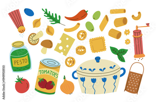 Colorful hand drawn collection of pasta ingredients and kitchen utensils including different pasta shapes, pesto sauce, canned tomatoes, cheese, herbs, pepper, mushrooms, onion and cooking pot inspire