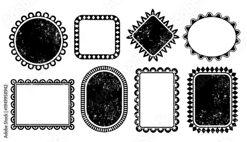 Collection of decorative vintage frames with distressed grunge texture. Ornamental borders in various shapes including round, oval, square and rectangular frames perfect for labels, badges, invitation