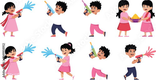 Joyful group of people celebrating with vibrant colored powders during festive event, capturing fun, energy, and cultural celebration vector illustration