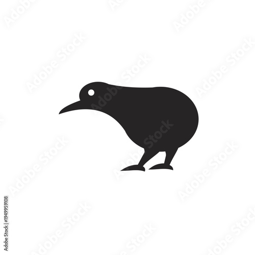 Black Kiwi Bird Silhouette Icon, Native New Zealand Flightless Bird Isolated on White Background