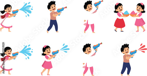 Joyful group of people celebrating with vibrant colored powders during festive event, capturing fun, energy, and cultural celebration vector illustration