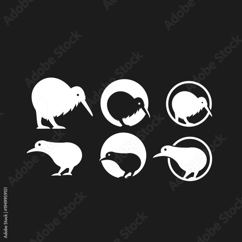 Kiwi Bird Vector Icons and Logos Collection in Black and White Silhouette