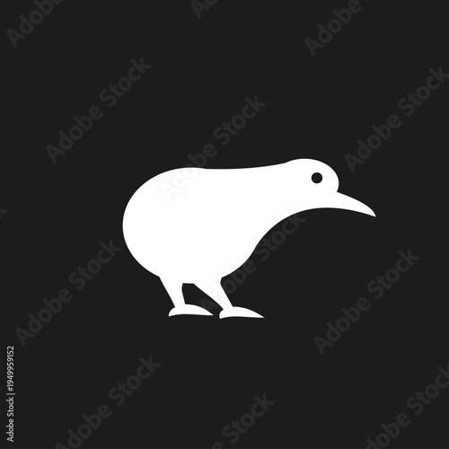 Simple White Kiwi Bird Silhouette Vector Illustration on Black Background
