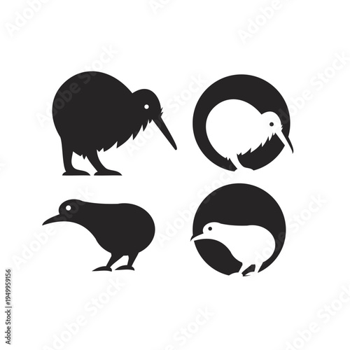 Kiwi Bird Silhouettes and Icons Collection Vector Illustration Set
