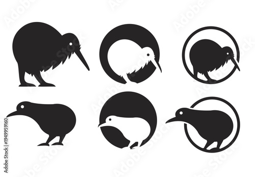 Kiwi Bird Silhouette Vector Icons and Logos Set in Black and White