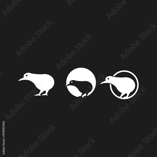 Set of Minimalist Kiwi Bird Logo Icons on Black Background