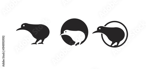 Kiwi Bird Icon Set: Stylized Black and White Silhouette Designs for New Zealand Identity and Branding
