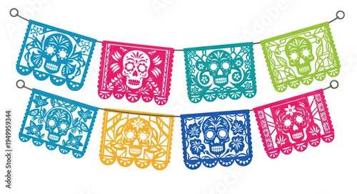 Colorful Papel Picado Skull Bunting Decoration for Day of the Dead Celebration