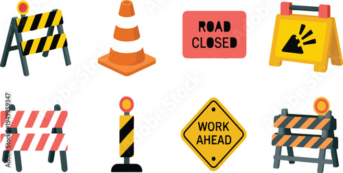 Construction zone icon set depicting road closures, barriers, warning signals, and safety equipment for traffic management and worksite alerts