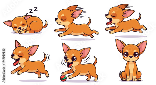 Cute Chihuahua Dog Cartoon Collection: Sleeping, Running, Playing, Yawning, Sitting