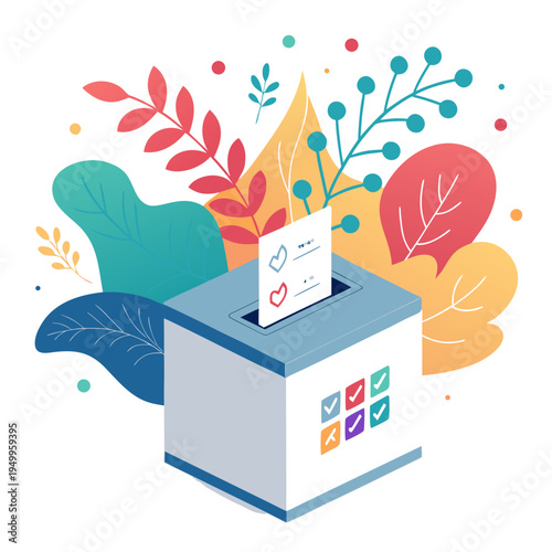 Creative voting ballot box illustration with vibrant abstract floral elements and modern icons for democratic participation and civic engagement concept design