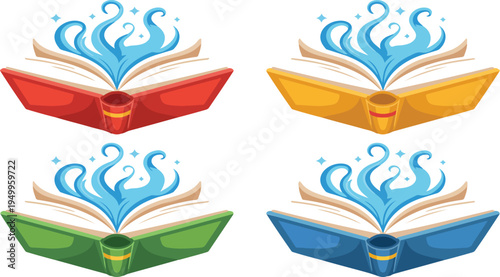 Open book illustration with water swirling upwards, shown in four color variations representing creativity, knowledge, imagination, and magical ideas vector art