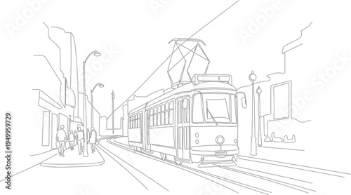 Vintage tram on city street with people walking