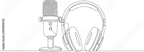 Microphone and Headphones Line Art Illustration